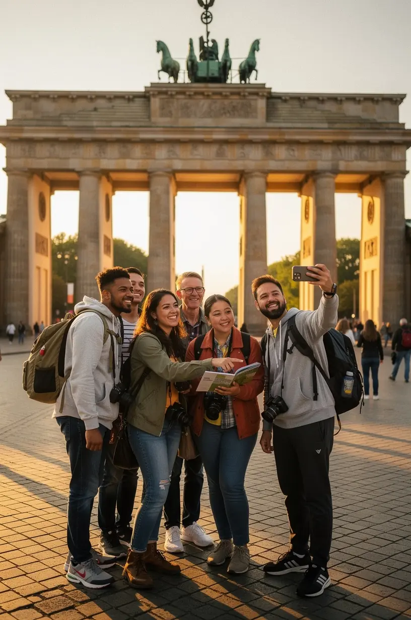 Ansicht eines zentralen Platzes mit historischen Denkmälern und Besuchern, die an einer Führung teilnehmen.